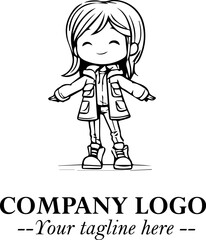 Black and White Chibi Girl Standing in Jacket, Pants, and Boots. Simple Bold Vector Illustration
