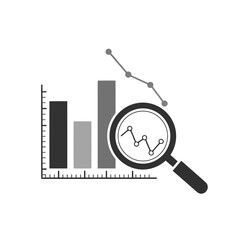 Magnifying glass over bar graph and line chart showing downward trend