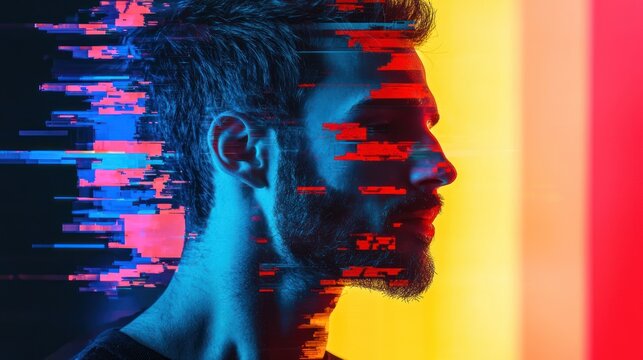 ' Profile with Digital Glitch Effect and Vibrant Cybernetic Illumination