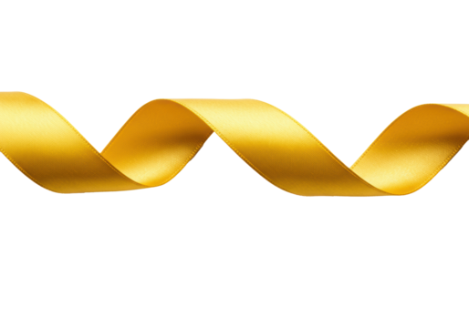 A single, vibrant gold satin ribbon, glossy, smooth, and luxurious, elegantly arranged in wavy patterns with soft folds against a transparent background with copy space, concept of celebration and