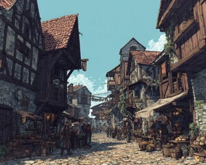 Pixelated Medieval European Town Street Scene