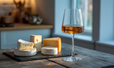 A glass of ros? wine beside assorted cheeses on a slate board