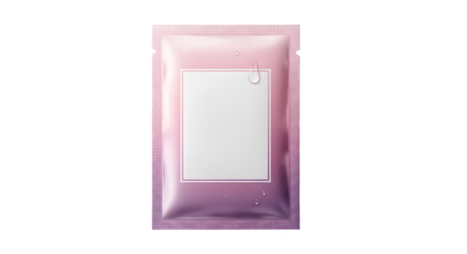 Single use sachet of pink cosmetic cream or serum with blank label for branding isolated on transparent background