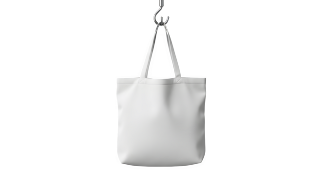 A plain white canvas tote bag hanging from a hook isolated on transparent background