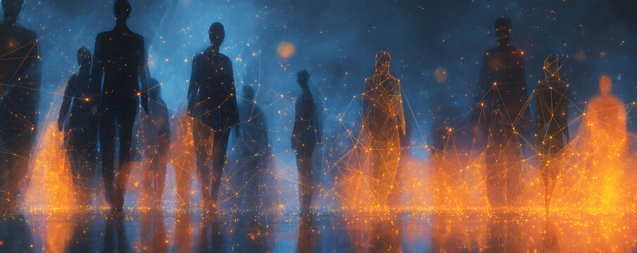 Abstract network of people silhouettes connected by glowing lines. Digital data flows between individuals in a futuristic grid. Business or social connections visualized in dark blue and orange.