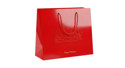 Shiny red gift bag with embossed logo and handles isolated on transparent background