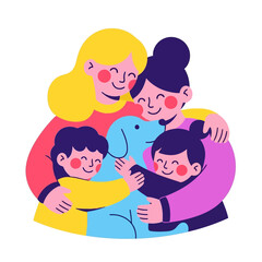 Happy family of four, two mothers, two children, and a dog, embracing each other in a warm hug, illustration
