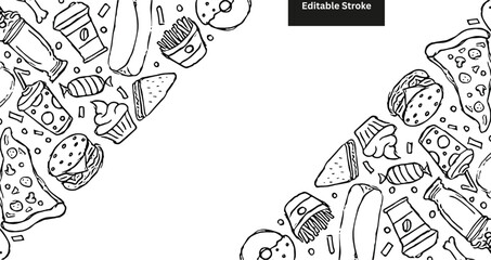 Hand-drawn fast food doodle background. Sketch illustration frame of pizza, burger, and fries with copy space.