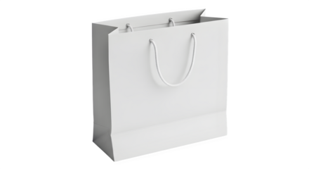 A plain white paper shopping bag with twisted rope handles standing upright isolated on transparent background