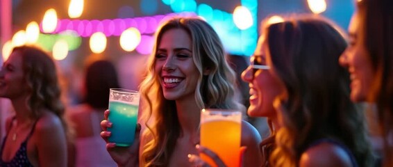 Vibrant party scene with joyful friends laughing and sipping colorful drinks, as neon lights flicker and the camera gently pans, capturing a lively, cinematic atmosphere. - Powered by Adobe