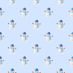 Seamless Soft Snowman Pattern. Cute Winter Holiday and Christmas Repeating Background