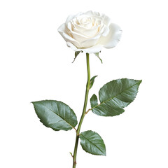 Obraz premium Elegant white rose bloom with lush green stem and leaves, symbolizing purity and new beginnings, perfect for romantic occasions and sophisticated designs.