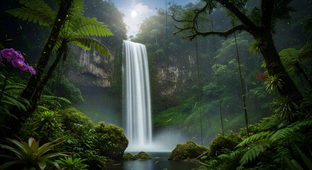 Cool wallpaper Lush waterfall cascading through a vibrant rainforest surrounded by tropical plants and trees creating a serene natural landscape
