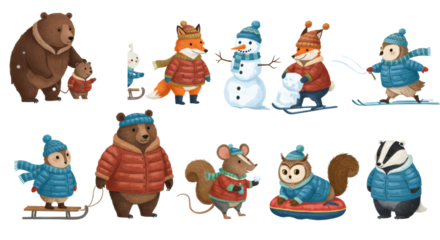 Diverse anthropomorphic animals, families, in colorful winter attire, enjoying skiing, skating, sledding, snowball fights on a transparent background with falling snow, concept of joyful winter