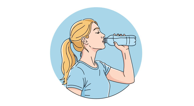Woman drinking water from a bottle, isolated in a blue circle, symbolizing hydration and refreshment