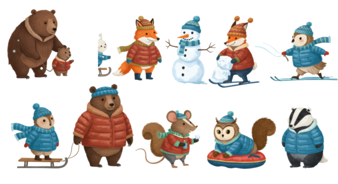 Diverse anthropomorphic animals, families, in colorful winter attire, enjoying skiing, skating, sledding, snowball fights on a transparent background with falling snow, concept of joyful winter