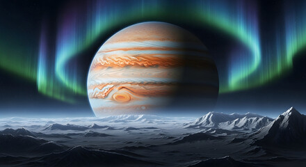 Cool wallpaper Jupiter with aurora borealis a gas giant planet in space science fiction background for wallpaper or presentation