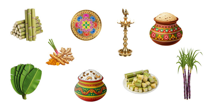 Traditional South Indian Pongal Harvest Festival Elements Collection: Sugarcane, Banana Leaves.., Brass Oil Lamp Isolated on White transparent png background