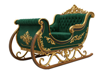 An exquisitely crafted, opulent sleigh with plush deep emerald green velvet seat, intricate gold filigree, dark lacquered wood against a transparent background, luxurious Christmas holiday design