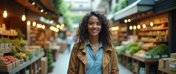 Confident woman strolls through vibrant outdoor market, steady camera follows, ambient lights flicker, cinematic style captures urban lifestyle and fresh produce shopping experience.