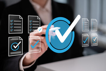 Person doing online survey feedback opinion client customer service satisfaction assessment...