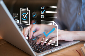 Businessman working on checklist certificate checkbox document survey service business...