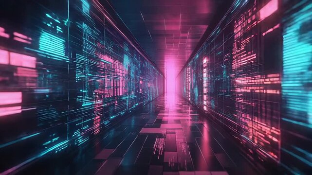 Futuristic server corridor with glowing neon data light