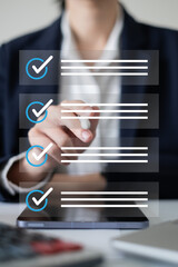 Professional entrepreneur businessman working in office check checklist form document report checkbox questionnaire task to-do list survey choice management quality control concept © Supapich