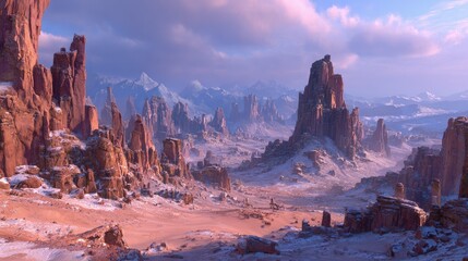 Snowy Desert Cityscape Panorama With Red Rocks