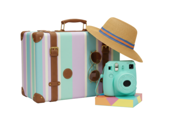 Retro pastel striped suitcase, brown leather, straw fedora, whimsical teal boombox camera on transparent with copy space, nostalgic vintage travel concept