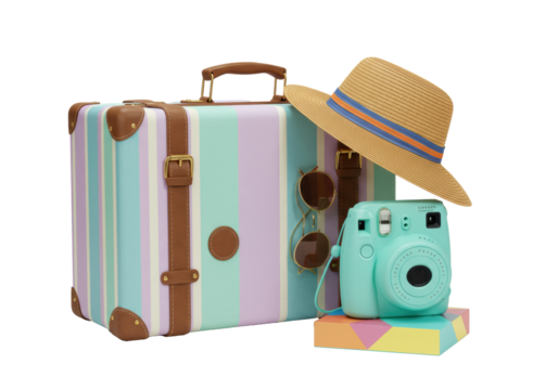 Retro pastel striped suitcase, brown leather, straw fedora, whimsical teal boombox camera on transparent with copy space, nostalgic vintage travel concept