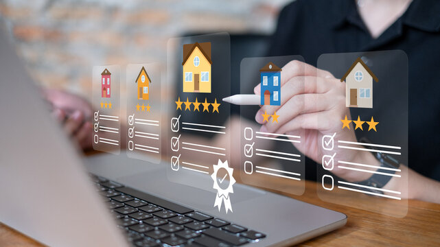 Person using online digital website connection find selection home house property real estate choice choosing compare option investment mortgage residential search purchase future planning loan buy