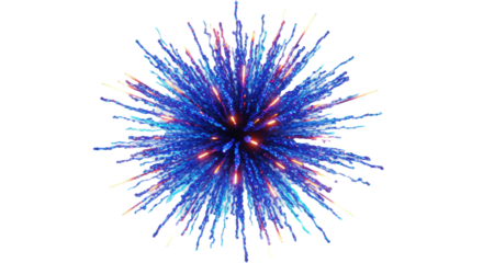 Vibrant symmetrical burst of light, cool blue, purple, orange, yellow, radiating on transparent background, copy space, Concept of celebration