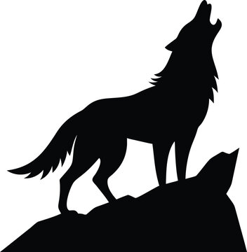 Silhouette of a howling wolf standing on a rock against a on transparent background