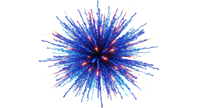 Vibrant symmetrical burst of light, cool blue, purple, orange, yellow, radiating on transparent background, copy space, Concept of celebration