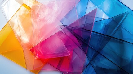 Vibrant Abstract Composition: Overlapping Translucent Plastic Sheets Creating a Dynamic Gradient of Colors and Textures