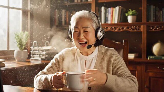 Elderly woman with headphones smiles while holding a mug in a room with a bookshelf behind her