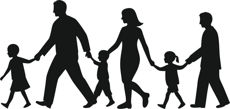 Silhouette of a family walking together holding hands in unity and togetherness on transparent background