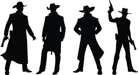 Silhouetted cowboys standing in various poses with guns on transparent background