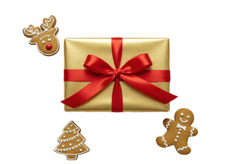 Luxurious gold gift box with red satin bow, detailed gingerbread cookies (reindeer, tree, man, snowflake), golden ribbons, star confetti on white background, Christmas holiday atmosphere