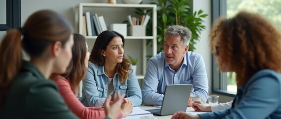 Collaborative team meeting in a modern office, colleagues engage in lively discussion; slow camera pan reveals diverse group dynamics, ambient light flickers, creating a realistic, professional atmosp - Powered by Adobe