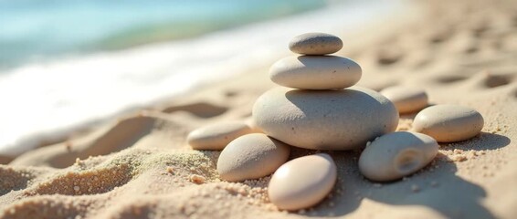 Serene beach scene with gentle waves lapping at the shore, camera slowly pans over smooth stones and seashells in soft sand, creating a calming, cinematic ambiance perfect for relaxation and travel.