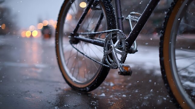 A close up view of a bicycle s chain and wheel on a wet snowy street at dusk with blurred background lights