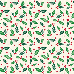 Seamless Christmas Holly Leaves And Berries On Ivory Background