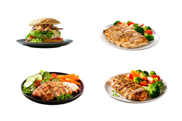 Delicious grilled chicken breast served with fresh salad and vegetables on plates showcasing healthy eating options and culinary presentation for restaurant menus and food photography projects on tran