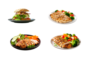 Delicious grilled chicken breast served with fresh salad and vegetables on plates showcasing healthy eating options and culinary presentation for restaurant menus and food photography projects on tran