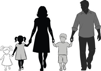 Family silhouette walking together, parents with children holding hands, unity and support, multigenerational bonds, outdoor stroll, togetherness, happy, connected, protective