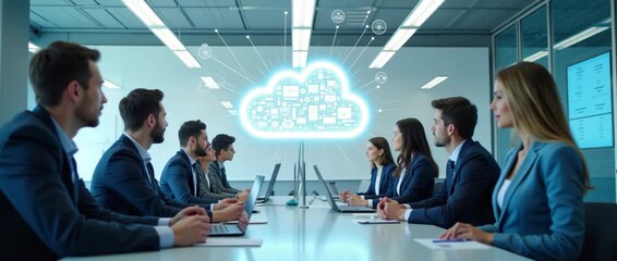 Business professionals in a modern office engage in a collaborative meeting with a digital cloud interface, as the camera smoothly pans across the room; cinematic, tech-focused atmosphere. - Powered by Adobe