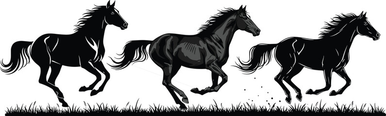 Running horse silhouette, black galloping horses, dynamic motion art, wild animal vector, grassy field scene, powerful equine illustration, nature symbol