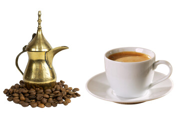 Traditional arabic coffee pot made of brass surrounded by coffee beans next to a white cup of espresso on a saucer against a perfect for coffee lovers and cultural enthusiasts on transparent backgroun